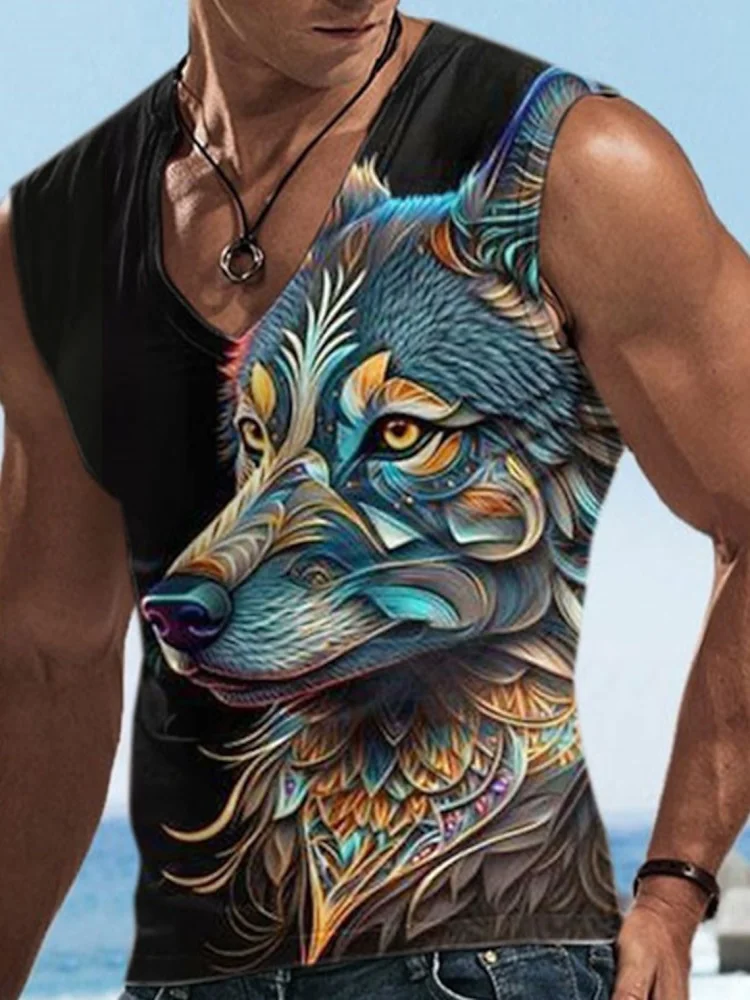 

New 3D Wolf Print Men's Fashionable Tank Top Outdoor Sports Casual Men's V-neck Top Summer Daily Urban Men's Sleeveless T-shirt
