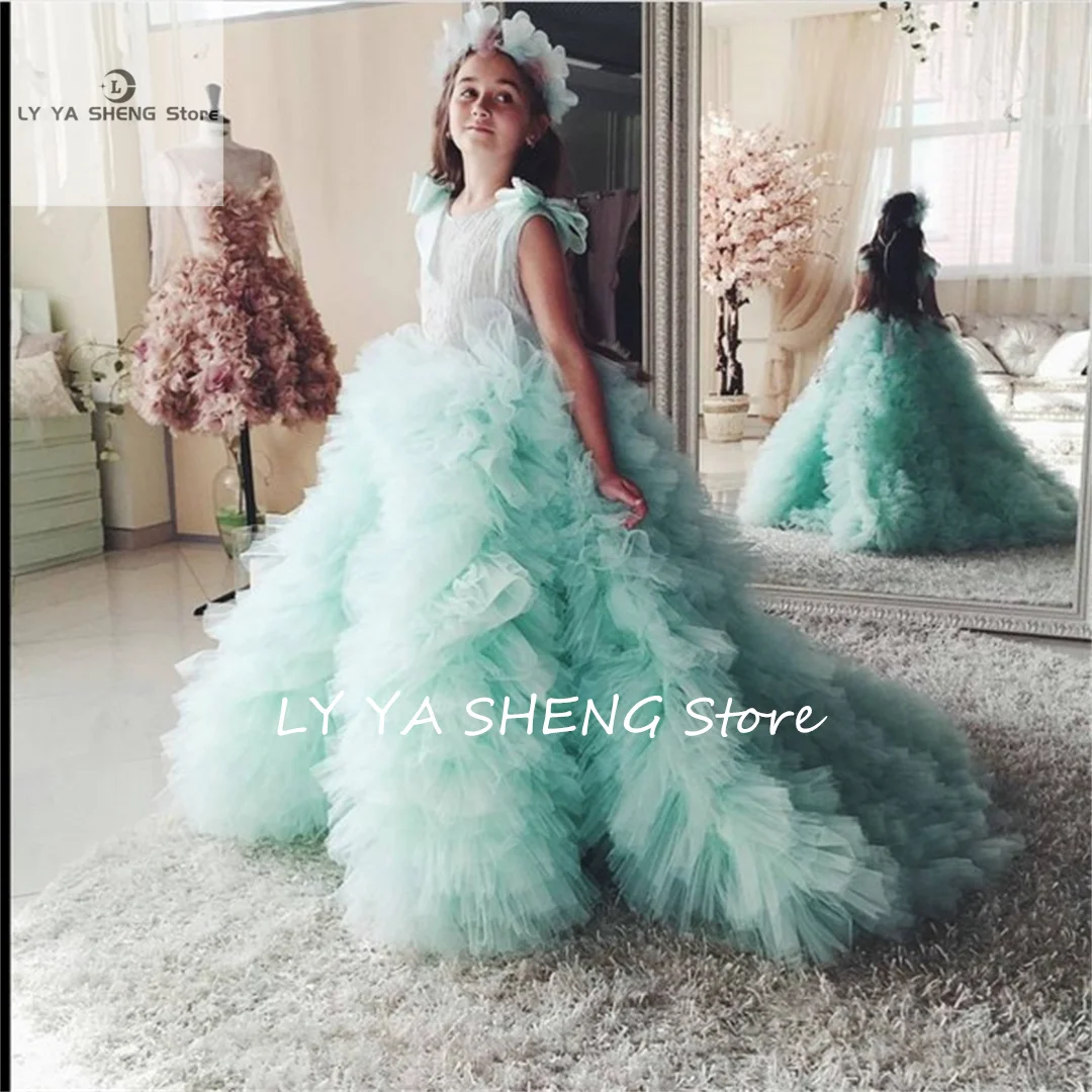 

Mint Green 0-Neck Flower Girl Dresses Pageant Dresses for Girls Glitz Court Train Ruffles With Bow Kids Prom Dresses