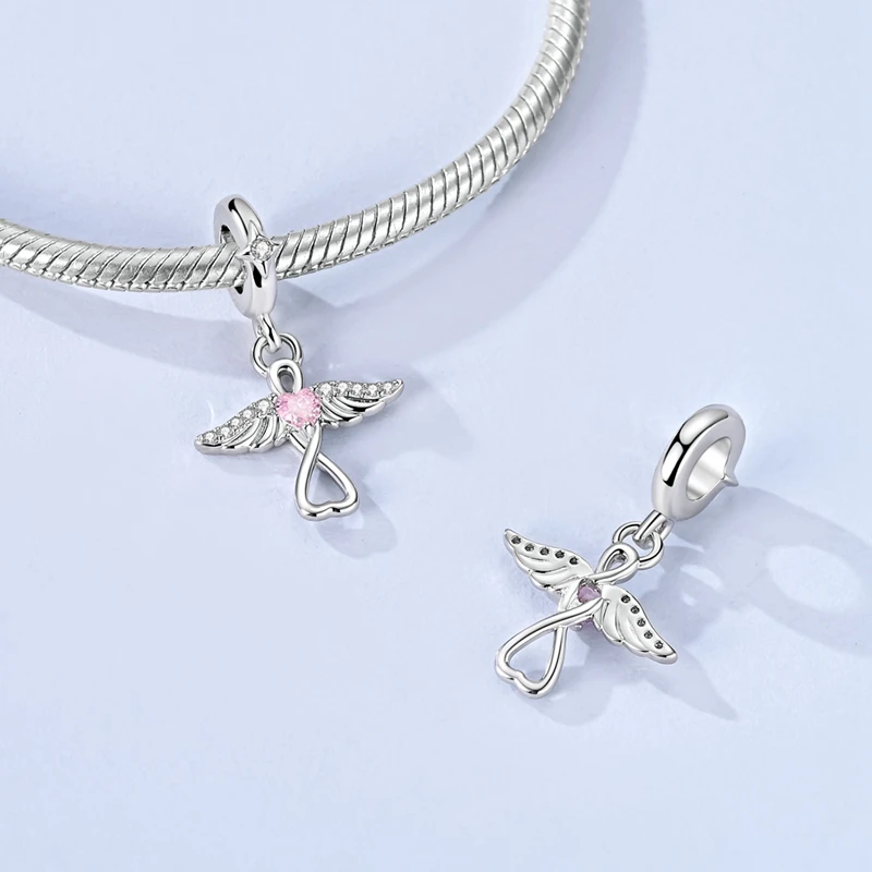 925 Sterling Silver Angel Wing Infinity Dangle Charm Symbol Of Eternal Love & Guardian Pendant Fit Bracelet DIY Jewelry Gift