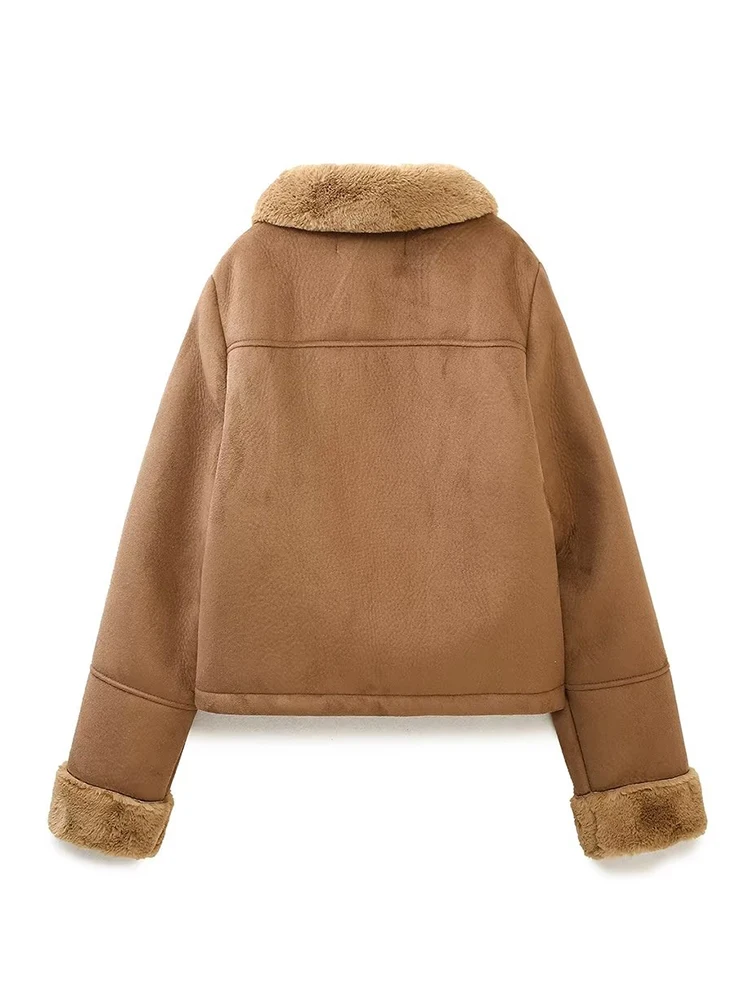 ZACK RAIN Women Faux Fur Brown Jacket 2022 Autumn Winter Ladies Warm Vintage Coat Button Loose Female Chic Thick Outwear Mujer