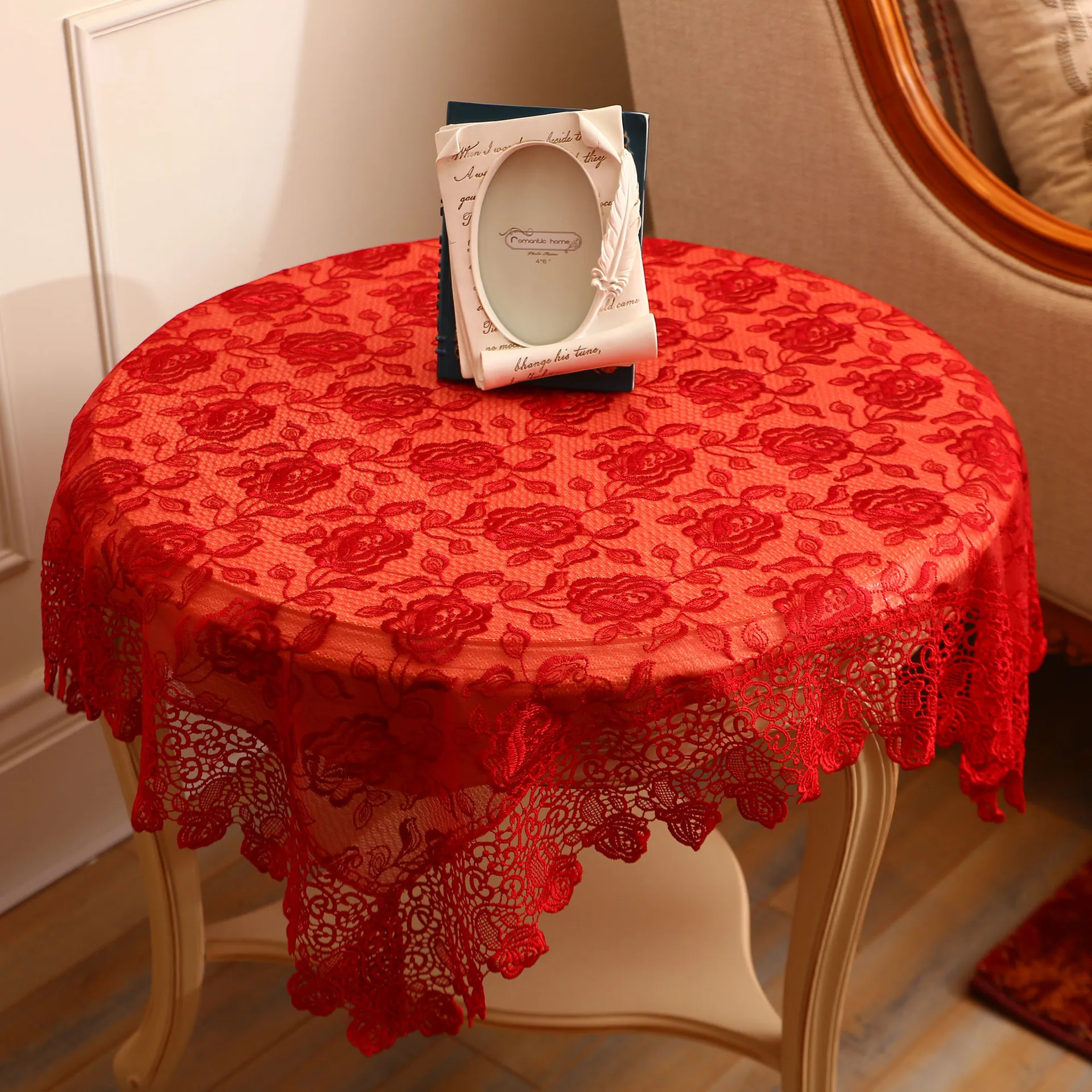 European-style Lace-trimmed Tablecloth Big Red Mesh Dust-proof Festive Tablecloth Wedding Coffee Table Cloth Piano Cover Cloth