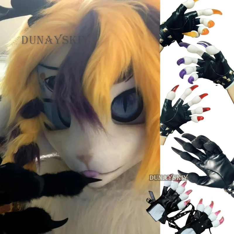 Guantes peludos Kigurumi para Cosplay, guantes de felpa, garra negra y blanca, garra Multicolor, lindo regalo de fiesta