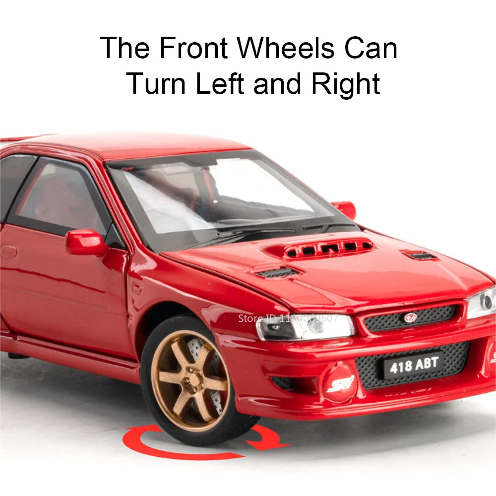 1:32 SUBARU Impreza Mini Car Toy Models Metal Diecast Sound Light Doors Opened Pull Back Rubber Tires Festival Gifts for Childre