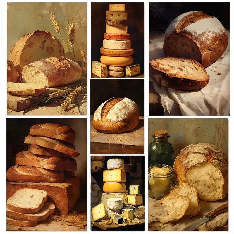 Vintage Oil Painting By Numbers Fermentation Bread Cheese Still Life Canvas Painting Wall Art For Kitchen Home Decor