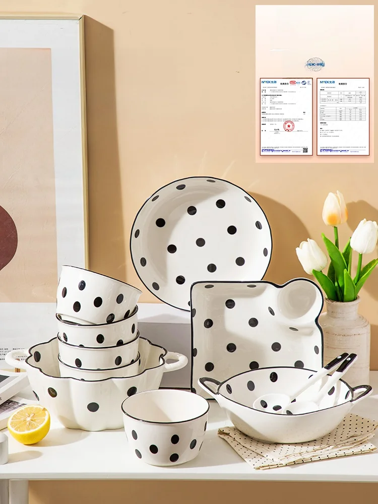 Heben Spotted Bowl Plate Set Ceramic Soup Bowl Noodles Bowl Dining Utensils French Style Pattern Glazed under Color Process