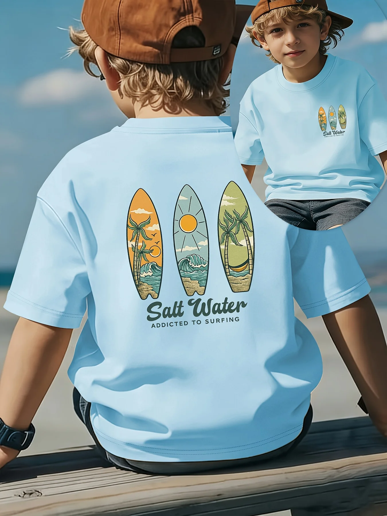 Tropical Beach Palm Trees and Surfing Waves, Fashionable Summer Casual Children's T-shirt, Summer Round Neck Parent-child Outfit