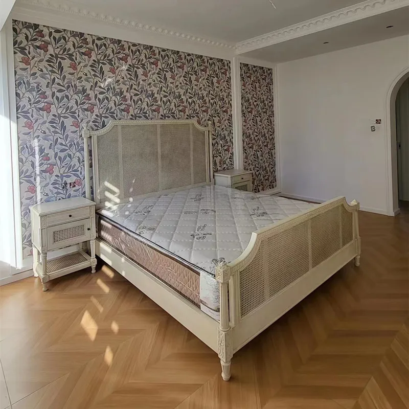 Rattan solid wood bed double wedding bed white high back princess bed girl master bedroom