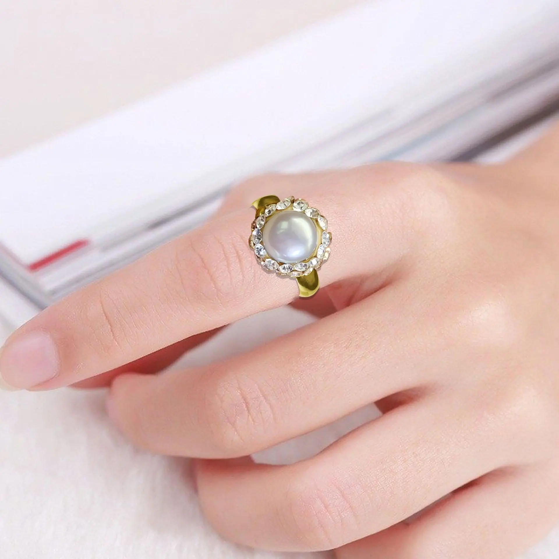 

Copper-plated 18K real gold, simple and versatile pearl surface ring, live ring setting, niche design ins tide