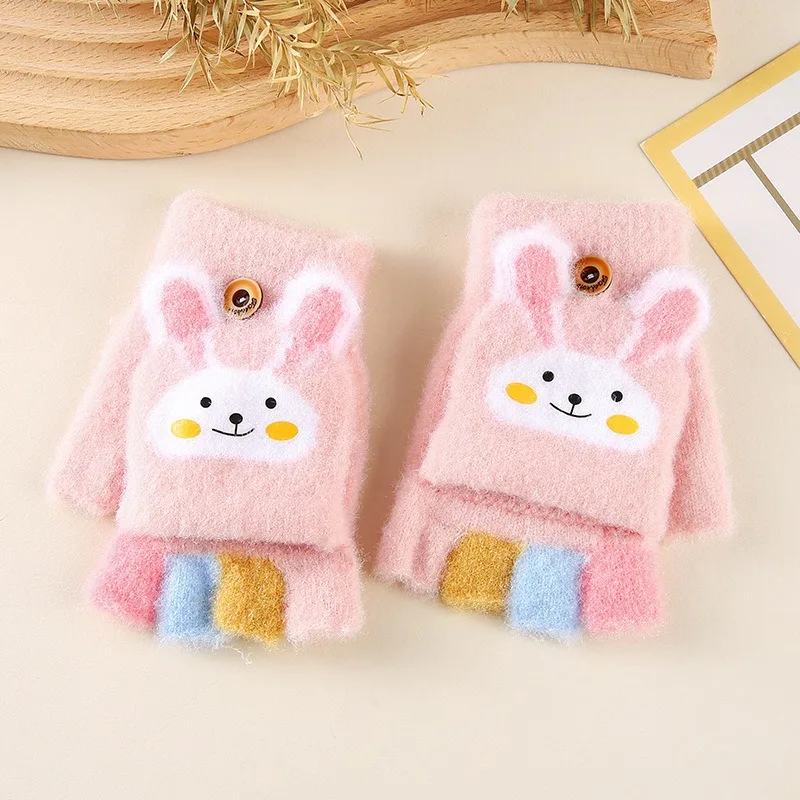 Cartoon Bunny Flip Half Finger Knitted Gloves Winter Thick Warm Five Finger Kids Gloves Fit 4-11 Years Old