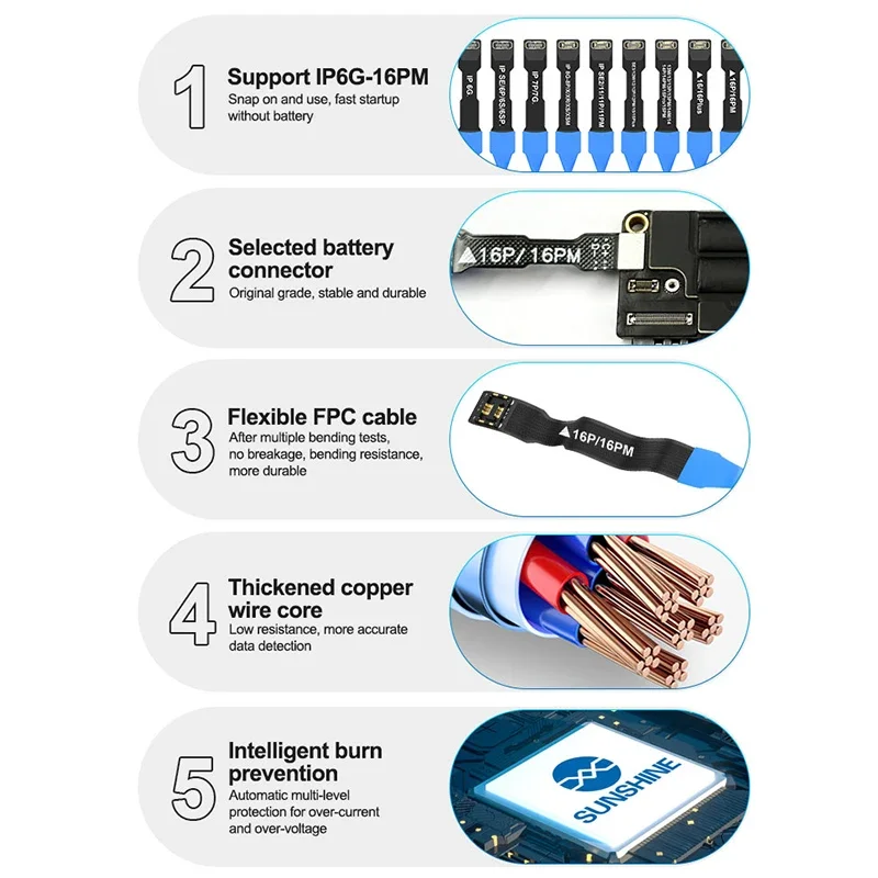 High-Quality SUNSHINE SS-905 SE IPhone Repair Cable - Support 7G/8/X/11/12/13/14/15/16/17PM | Anti-Burn Power Test FPC Cable