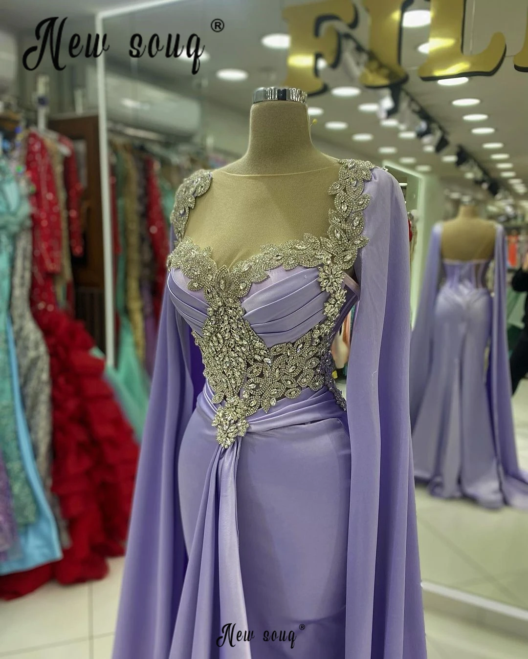 Arabic Elegant Lilac Long Cape Sleeve Plus Size Evening Dress Women's Wedding Dinner Party Gowns Customized Satin Prom Dresses