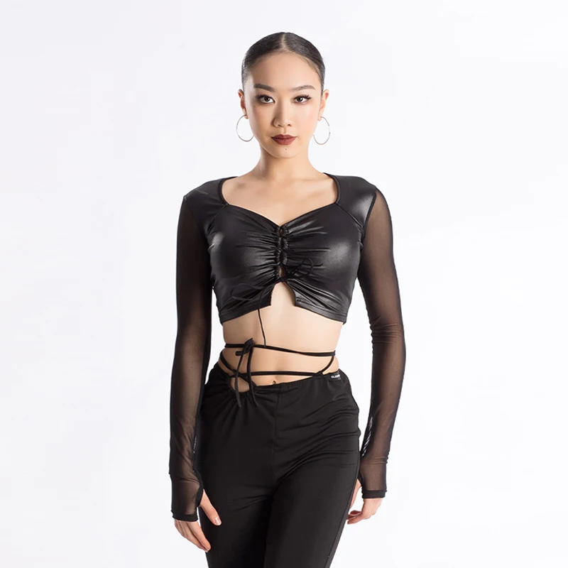

2024 Autumn Winter New Latin Dance Clothes Female Adult Mesh Splicing Long Sleeve Pants Latin Training Performance Set XH793