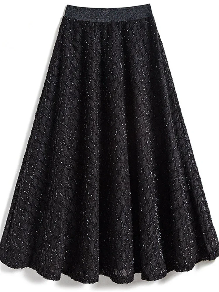 Falda acampanada holgada de cintura alta elástica de longitud media elegante a la moda faldas negras Otoño e Invierno Falda larga de seda brillante para mujer