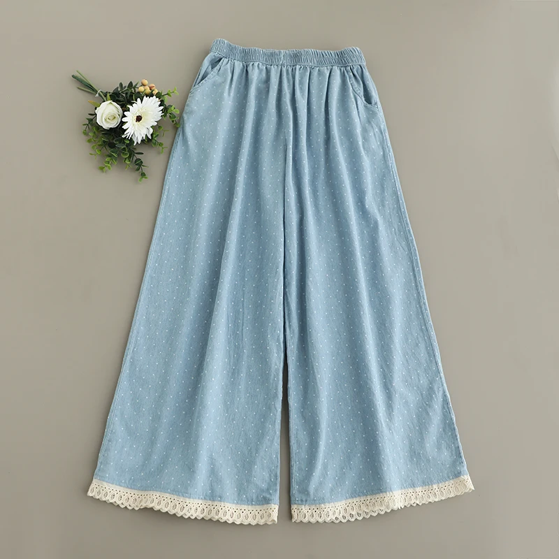 

Japanese Vintage Mori Girl Pot Print Lace Patchwork Denim Wide Leg Pants Women Summer Elastic Waist Casual Loose Jeans Trousers
