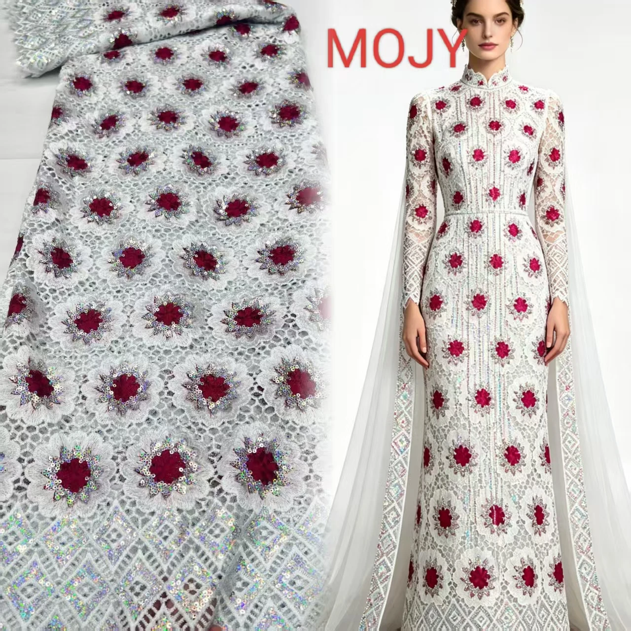 5Yards African Hollow Lace Fabric White Red Floral Sequin Embroidery Tulle Lace Geometric Edge For Women Wedding Evening Gown Se