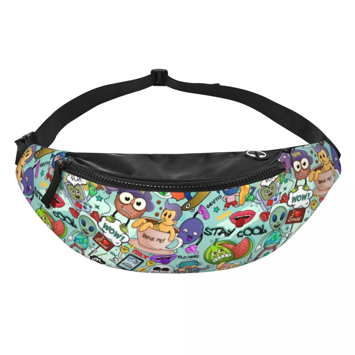 Custom Bizarre Cartoon Characters Alien Graffiti Fanny Pack Men Women Casual Crossbody Waist Bag for Running Phone Money Pouch