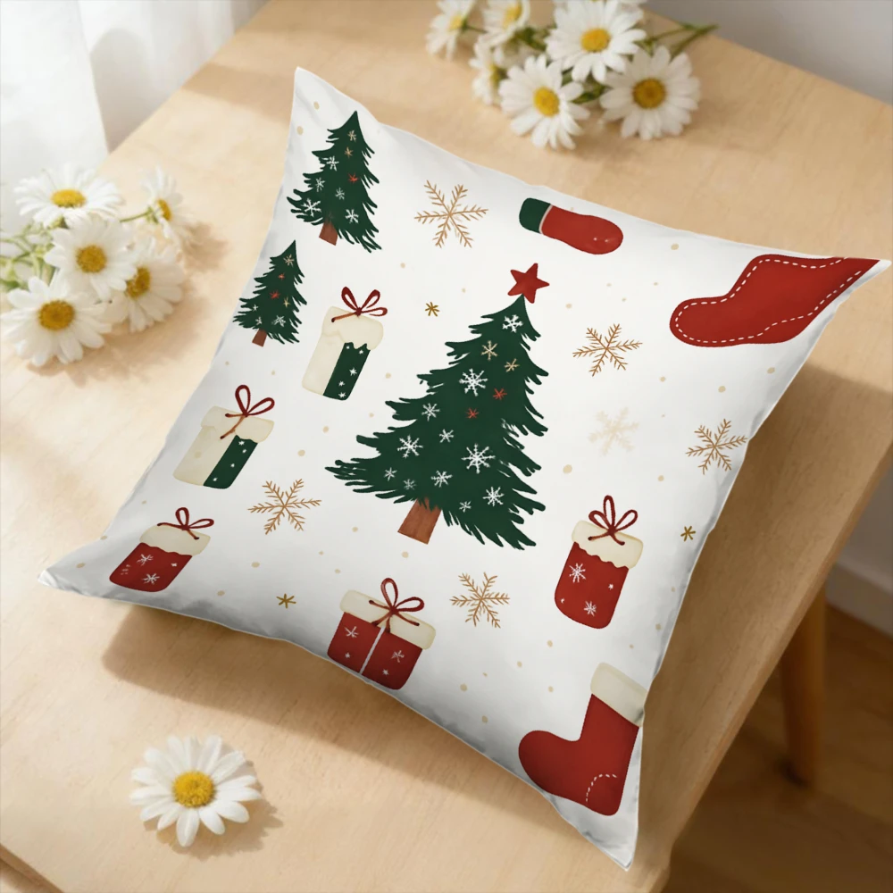 1Pc White Christmas Tree Snowflake Stocking Gift Box Cushion Cover for Home Sofa Bed Holiday Decor