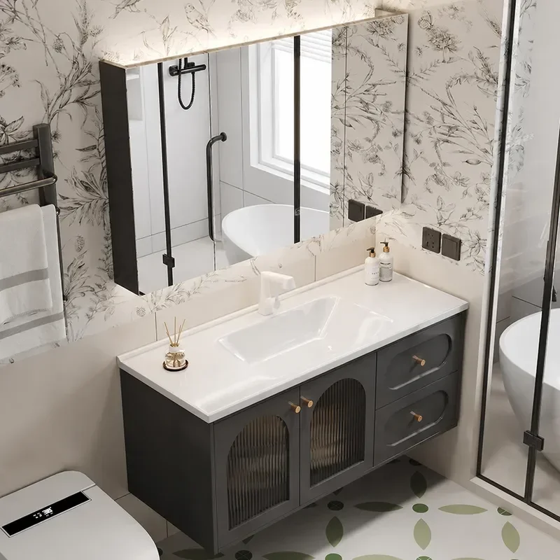 7K French Retro Bathroom Cabinet with Ceramic Integrated Basin American Solid Wood Washstand Vanity Unit for Toilet and Face