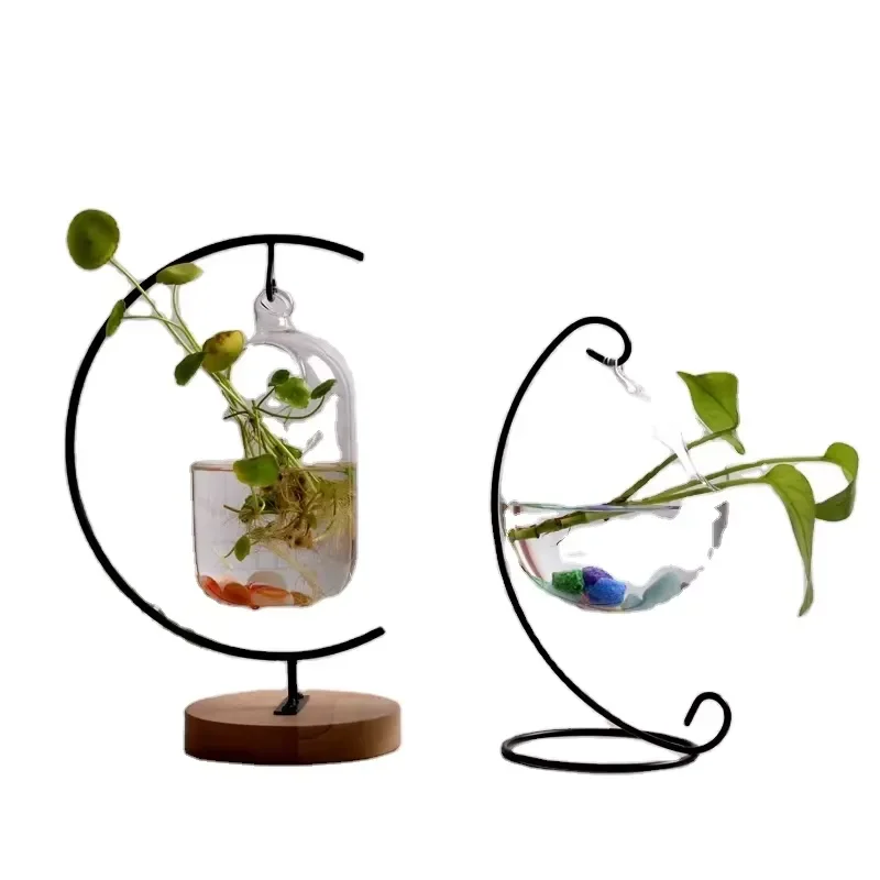 Creative handmade wrought iron hanging hydroponic glass fish tank with iron frame micro landscape decoration home accessories