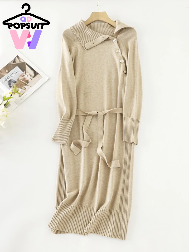 New in Autumn Winter Women Knitted Dress Knee Length Half Open Collar Dress Elegant Commuting Lazy Women\'s Clothing Robe Dresses