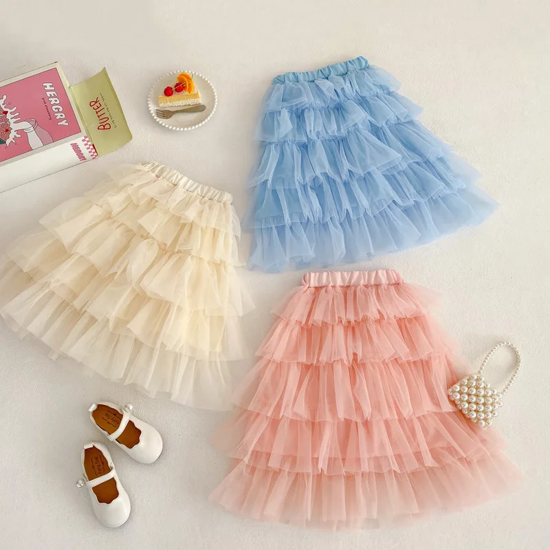 

Five-Layer Gauze Girls Daily Skirt 2023 Spring/Summer Children's Korean Solid Mesh Cake Skirt Fashion Parent-child Long Skirt