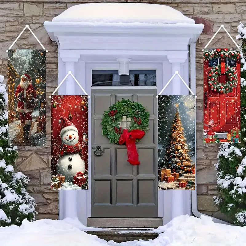 VIKAMA Hanging Wall Decor for Christmas, 4 Pc Banner Santa Snow Forest Snowman Tree Red Door Wreath, Holiday Room Decor
