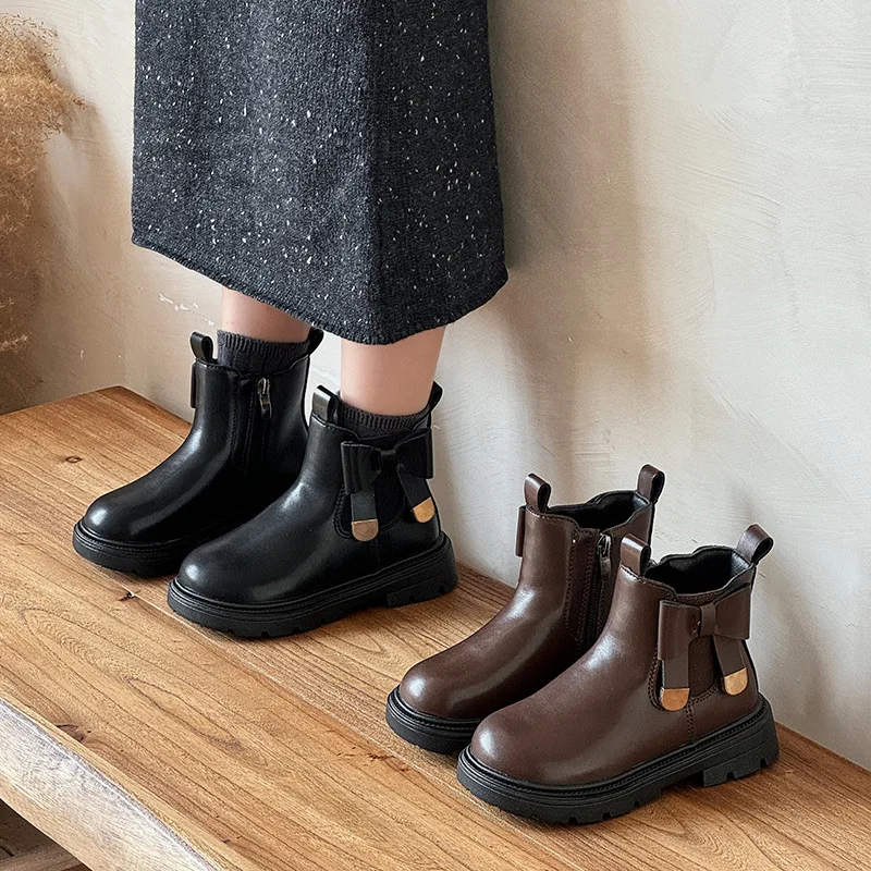2025Autumn New British Style Girls' Ankle Boots Comfort Anti Slip Kids Bow Leather Boots Soft Bottom Anti Slip Girls Shoes Botas