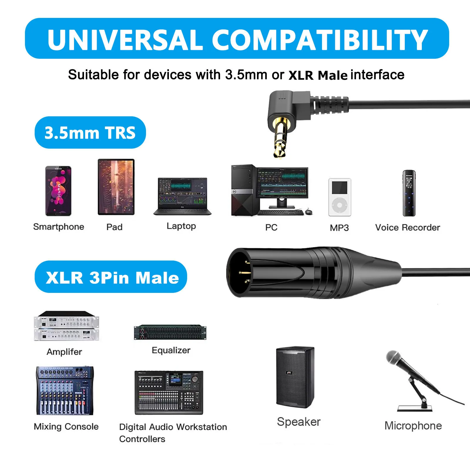 3.5mm Spring Extension To XLR Cannon Connector Cable for Microphones, Mobile Phones, MP3 Players, and Tablets