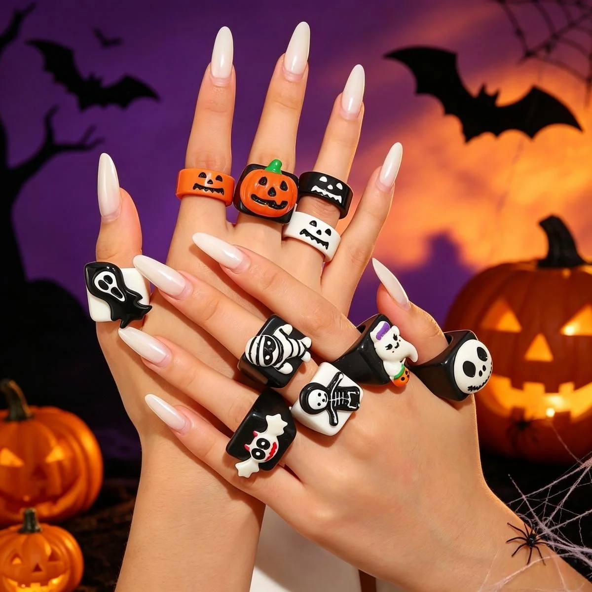 Ghost Pumpkin Resin Rings Halloween Cartoon Mummy Face Cute Finger Jewelry Party Favor Gift for Kids Girls