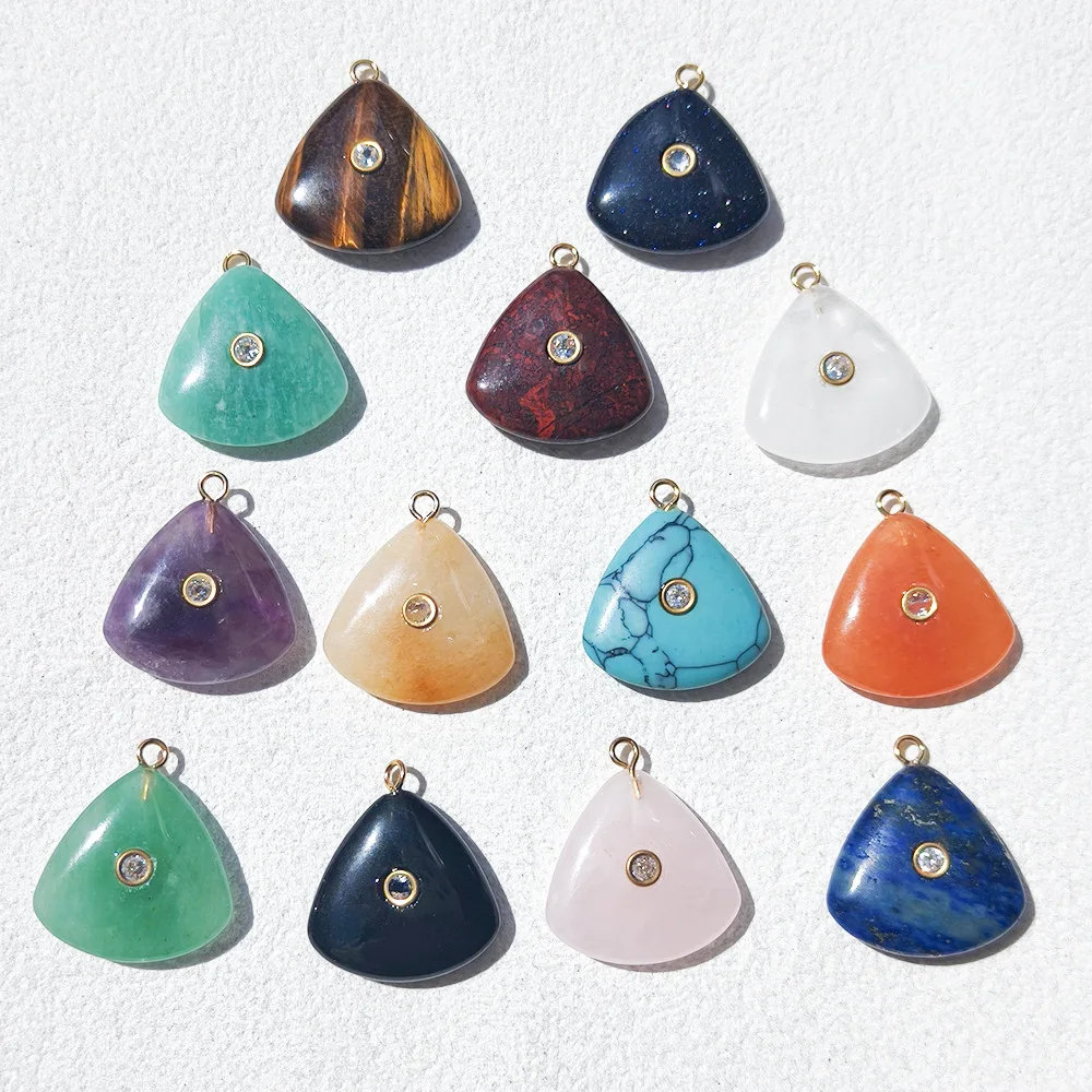 6pcs Handmade Triangle Stone Pendant Amethyst Tiger Eye Amazonite with Round CZ Paved Boho Jewelry Gift for Women