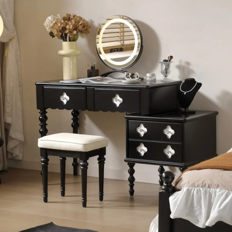 French retro dresser, black chest, integrated retractable and adjustable bedside table, antique makeup table, all solid wood