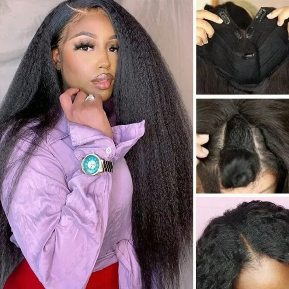 

Kinky Straight V Part Wig Human Hair No Leave Out V Part Brazilian Yaki Straight Machine Made Human Hair Wigs For Women