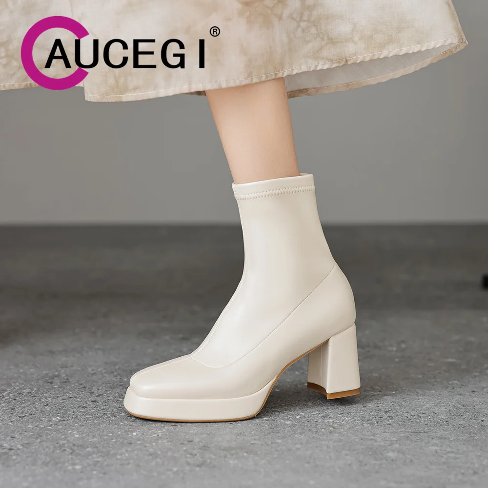 

Новые женские ботильоны Aucegi из микрофибры с квадратным носком на молнии, осенне-зимние, на толстом высоком каблуке, модные универсальные туфли