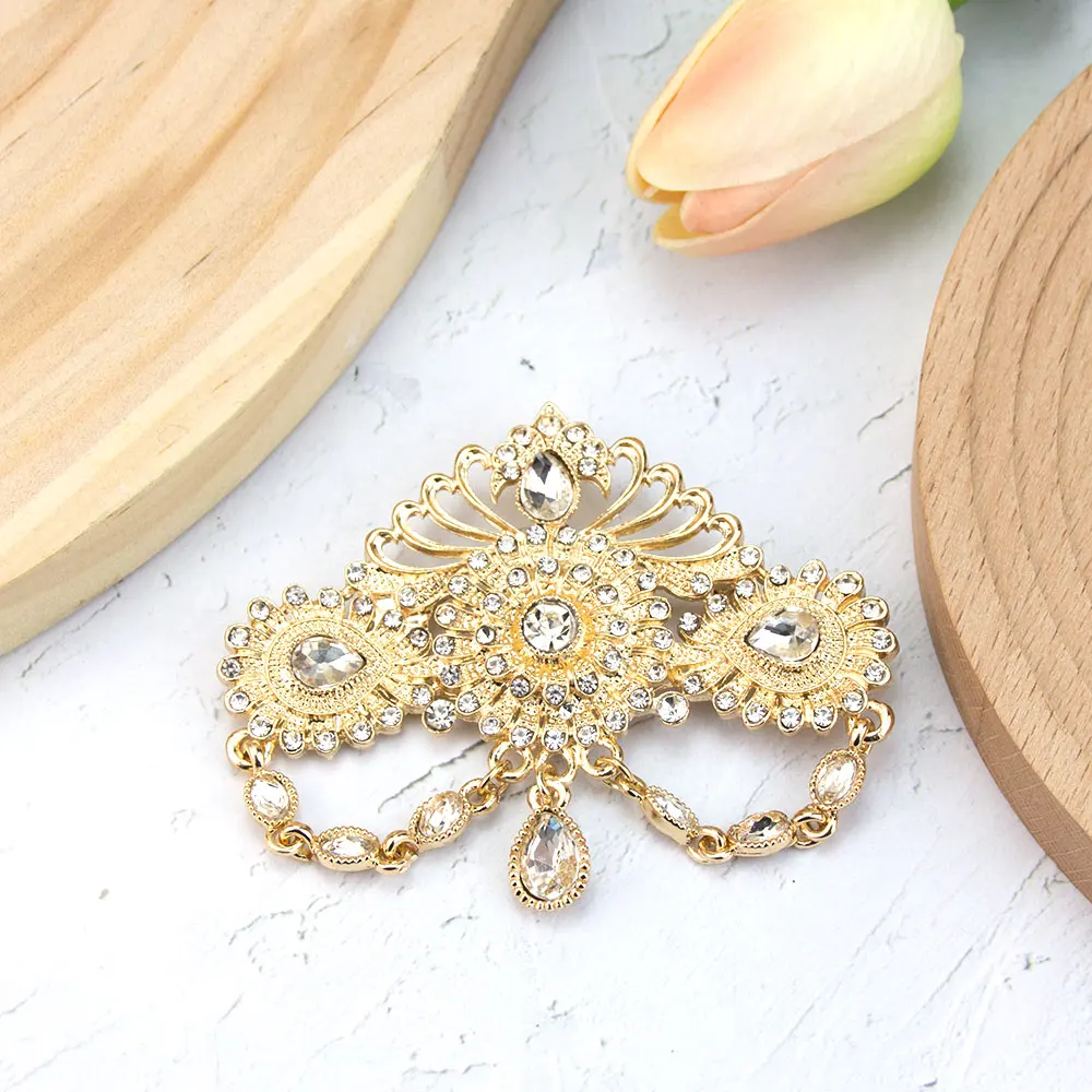 Sunspicems Gold Color Moroccan Bijoux Women Brooch Arabic Hijab Caftan Pins Crystal Rhinestone Tassels Bridal Wedding Jewelry