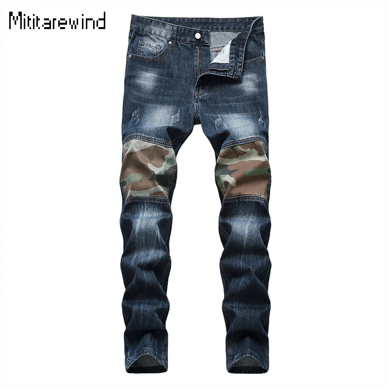 

European Men's Jeans All Seasons High Street Personality Frayed Distressed Jeans Camouflage Spliced Straight Jeans Fashion Pant