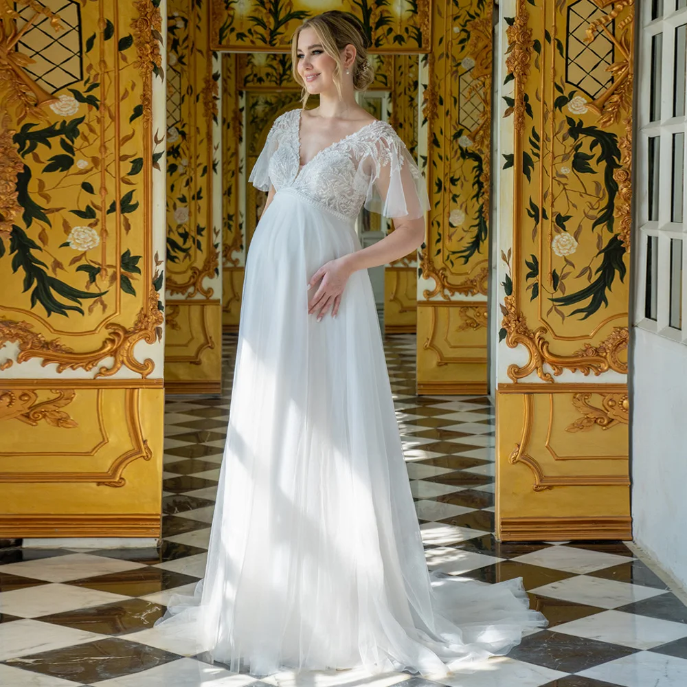 فستان زفاف العروس الحامل مخصص الخامس الرقبة مضيئة الأكمام الديكور زين تول ألف خط قطار الاجتياح مشد فستان زفاف