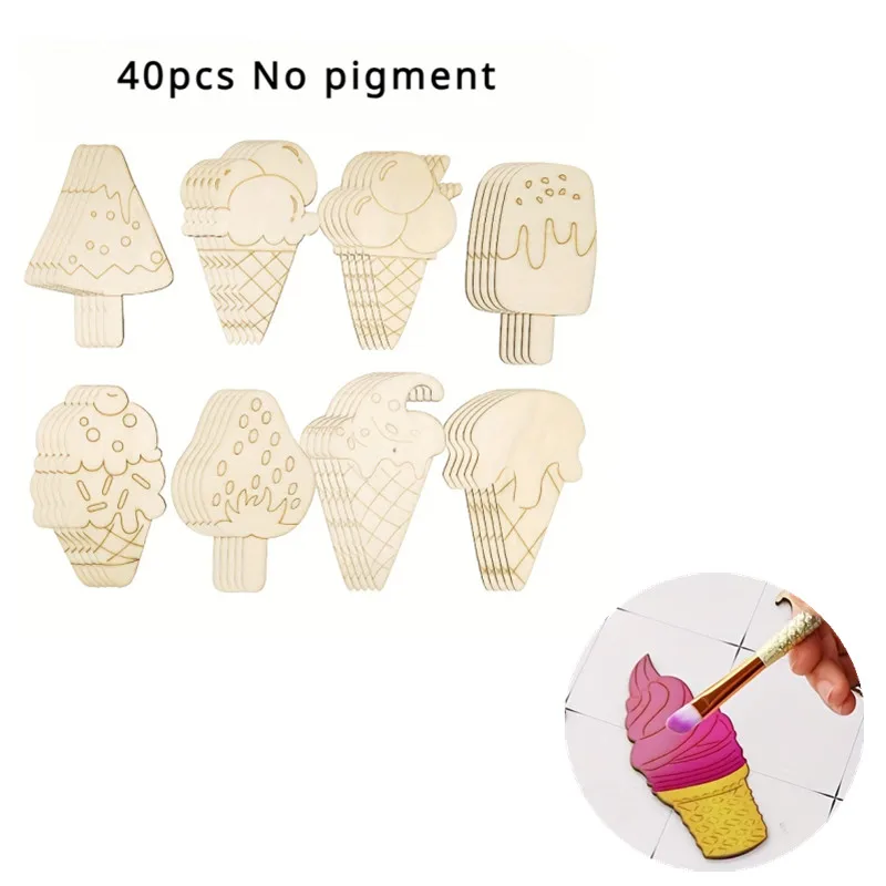 40 Pcs Ice Cream Wood Cutout Decorations Unfinished Wood Blocks Blank Wood Decorations Paint Slices for DIY Craft Decorations