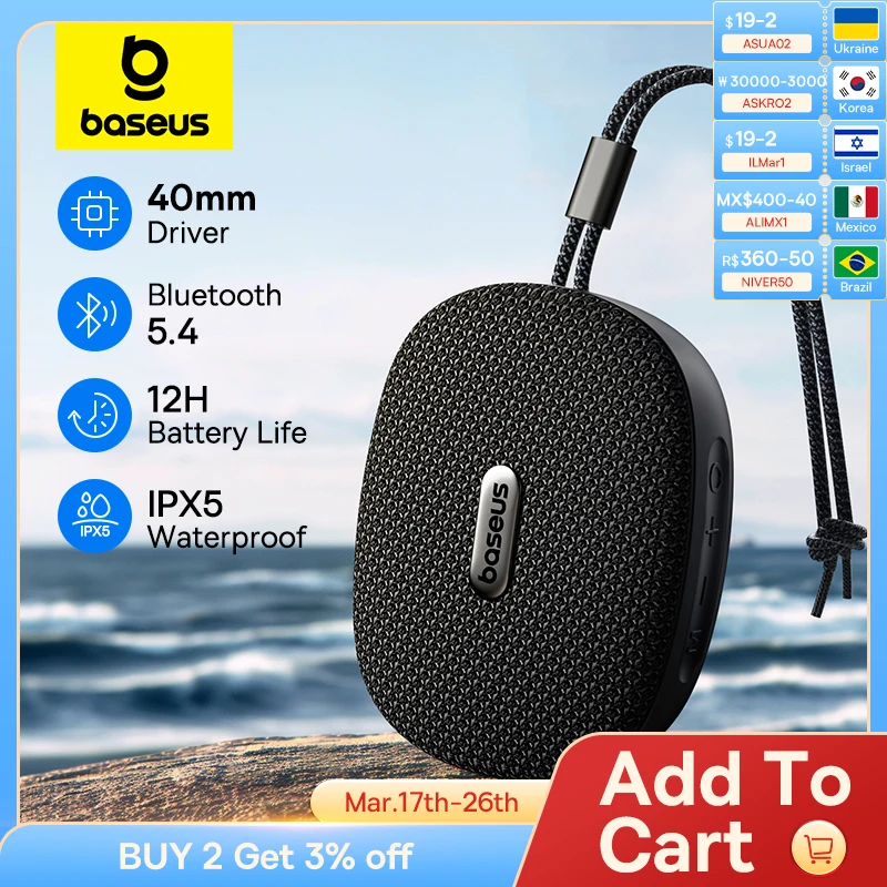 Baseus AeQur 35 Pro Air Bluetooth Speaker 12 Hours Playtime IPX5 Waterproof Portable Speaker Camping Sound Box Bluetooth 5.4