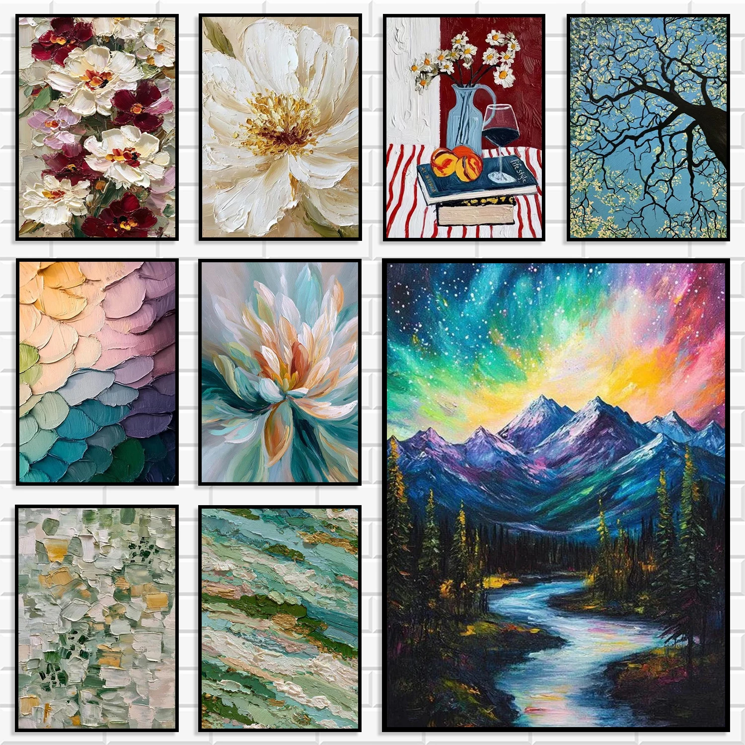 Thick Impasto Textured Canvas Posters Prints Colorful Floral Flower Galaxy Mountain River Landscape Abstract Wall Art Home Decor