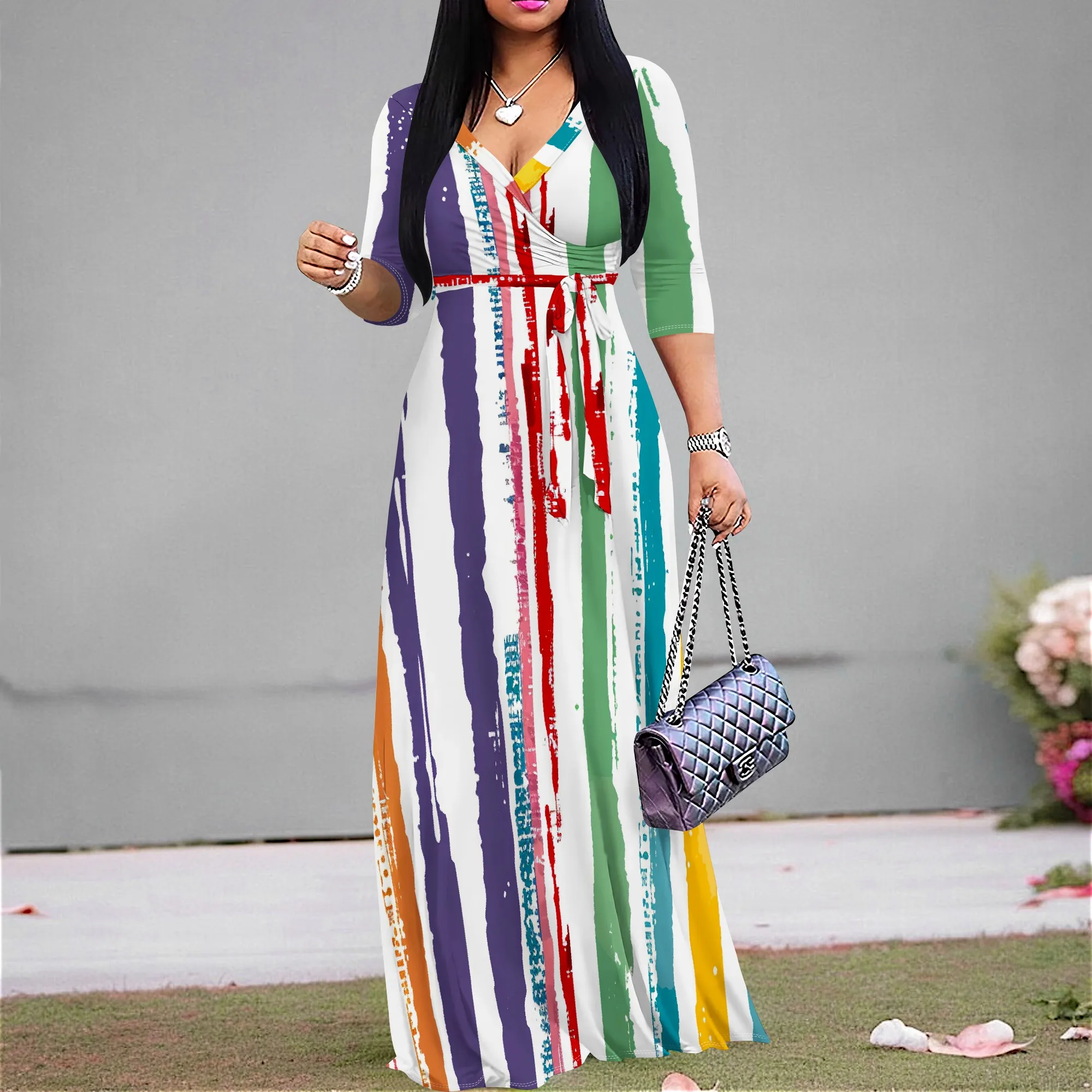 

Color Stripe Wrap Maxi Dress S-3XL V-Neck Belted Style with 3/4 Sleeve for Vacation, Brunch or Creative Summer Street Look