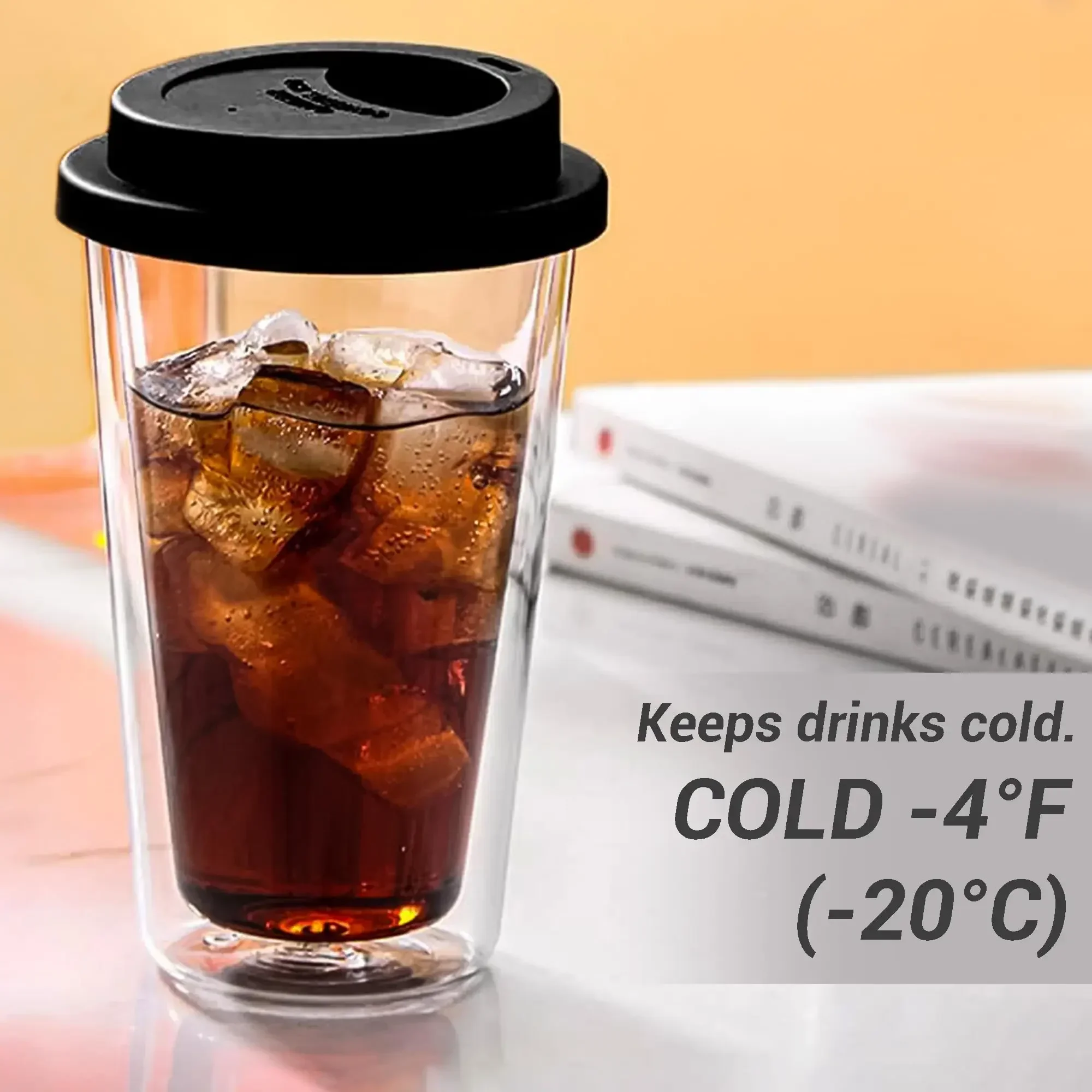 Kaffeetassen aus Glas mit Silikondeckeln, 350 ml/12 Unzen, wiederverwendbare Kaffeetassen aus Glas, isolierter Heiß-/Kalt-Trinkbecher
