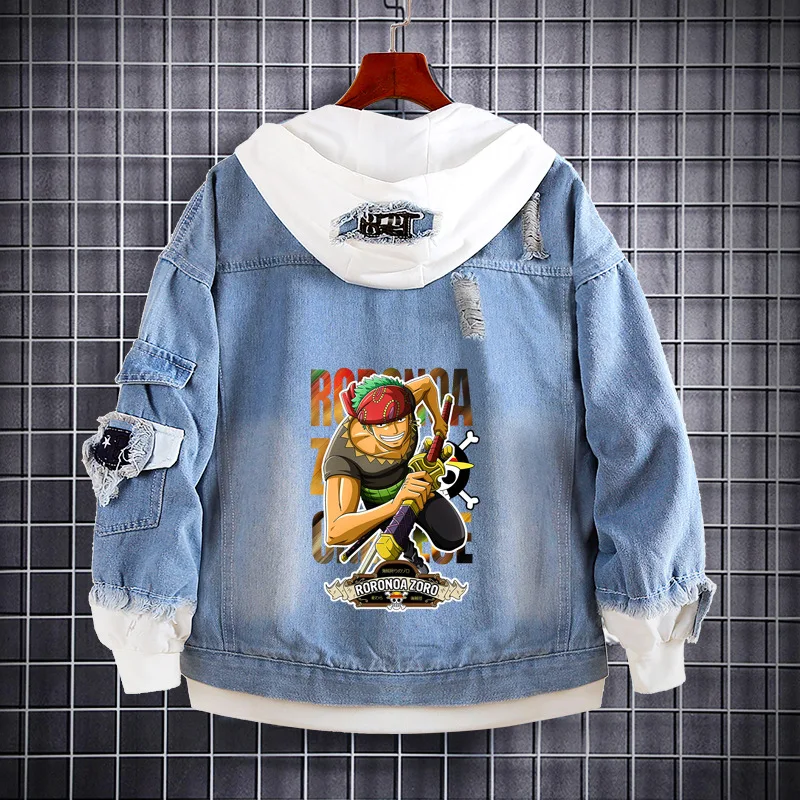 Veste en jean de dessin animé pour hommes et femmes, One Piece, Luffy Cartoon Sweater, Sauron Zantwo-dimensionnal, Spring and Autumn Jacket