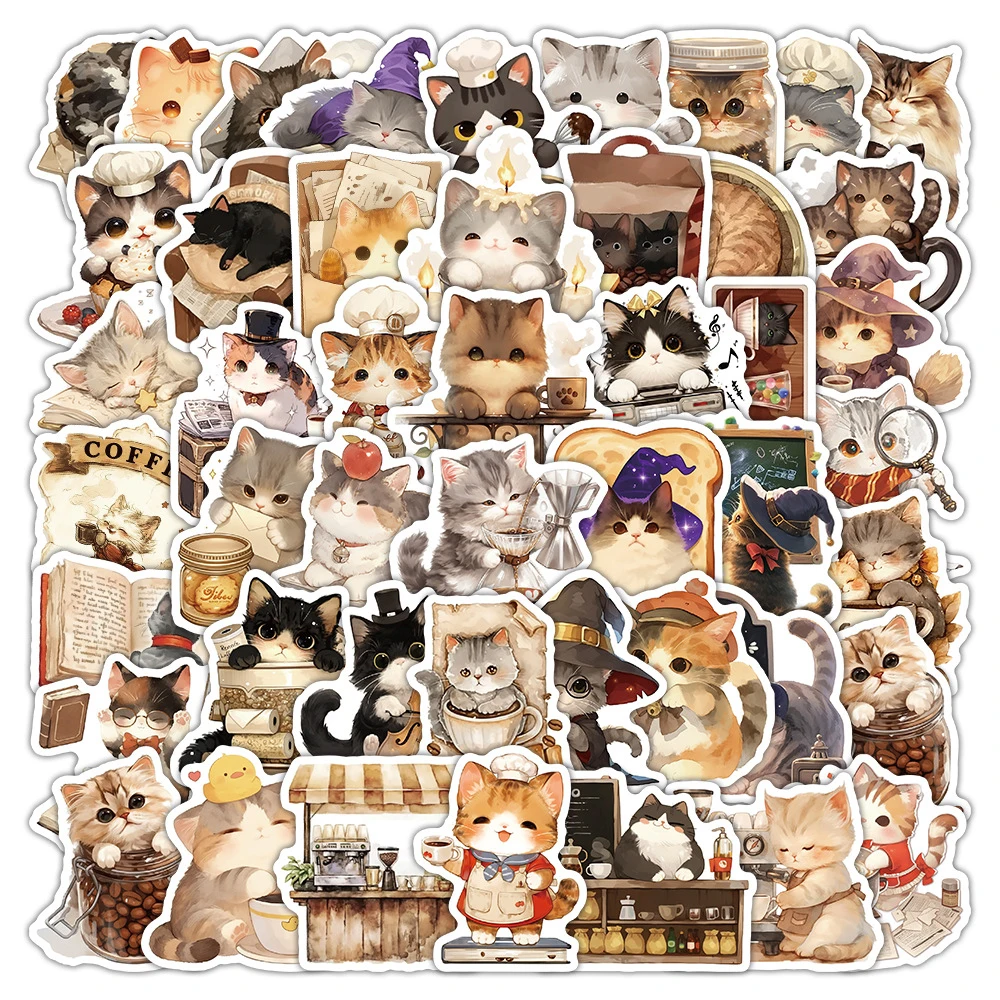 10/30/54 stücke Vintage Kaffee Katze Cartoon Aufkleber Ästhetische DIY Laptop Scrapbooking Laptop Wasserdichte Retro Dekoration Aufkleber Spielzeug
