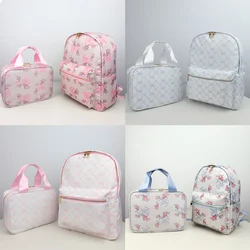 2PCS/SET Trendy Flower Bow Printing School Bag Lunch Bag Large Capacity Nylon Backpack Cute Students Insulation Ice Bento Box