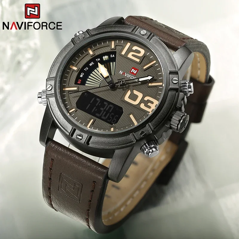 NAVIFORCE Fashion Men Watch Digital Sport WristWatch Top Brand Luxury Military Army Leather Band Analog LED Quartz Male Clock