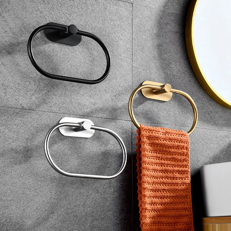 

Stainless Steel Towel Holder Self-adhesive Bathroom Towels Rack Black Washhand Hanger Ring Rail Bar Kitchen Storage Accessories