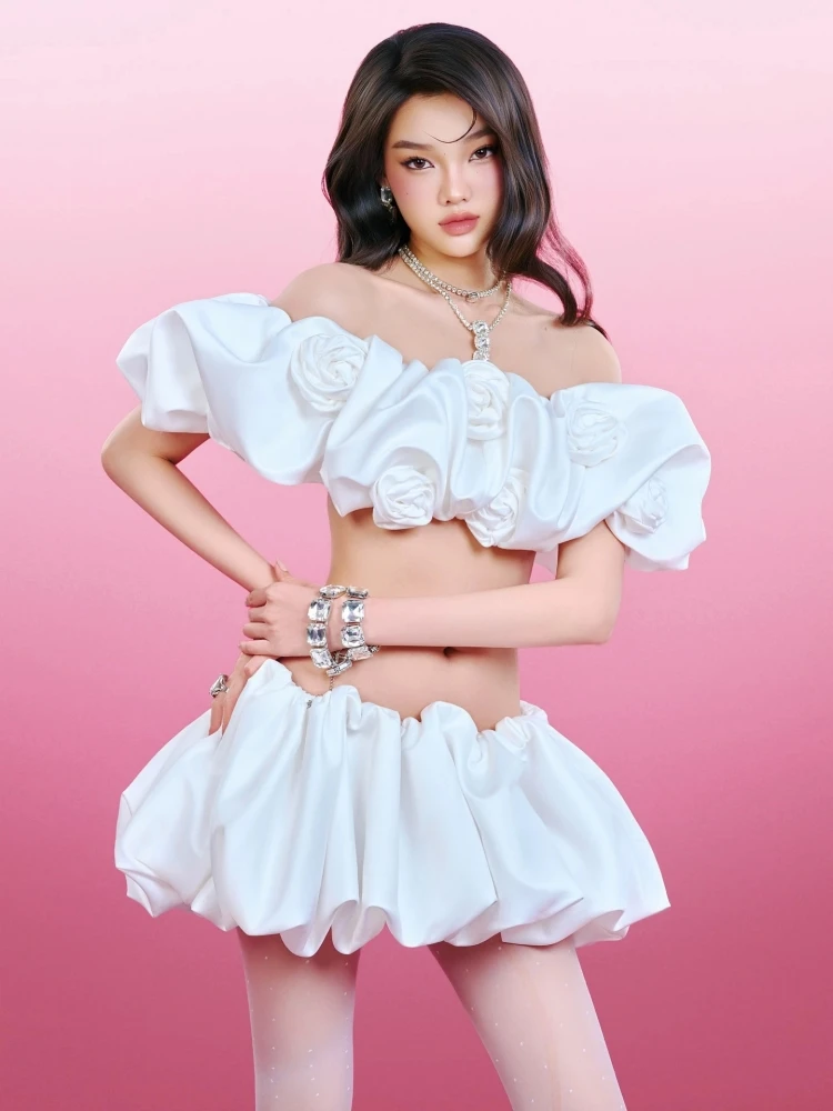 Women White Skirt Two Piece Sets Sexy Slash Neck Flower Lace-up Crop Top + Mini Bubble Skirts Suits Evening Club Party Vacation