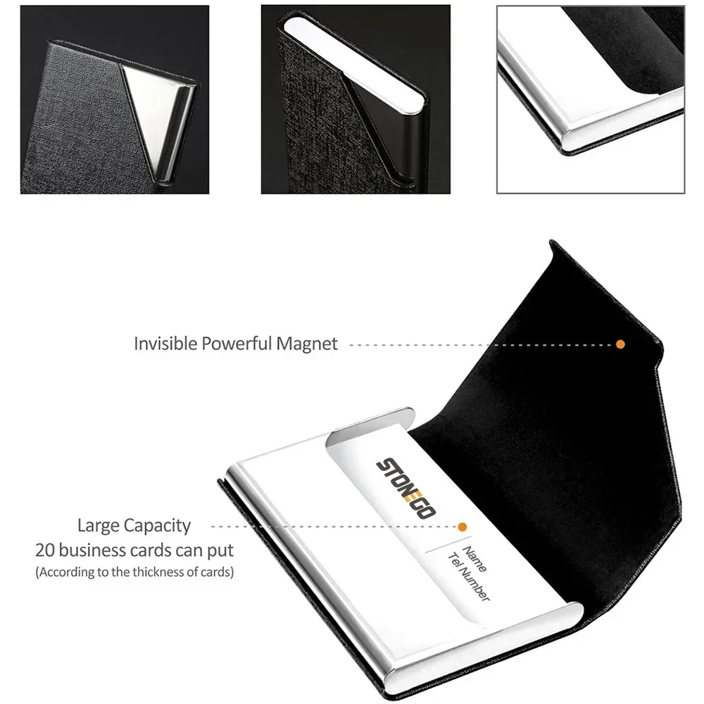 Magnetic PU Leather Business Card Holder, Stainless Steel Card Case for Men & Women, Office Gift, Holds 20 Cards