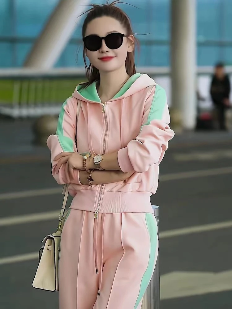 Pink Casual Sports Style two-Piece set for Women\'s Spring 2024 new Korean Version Zippered Hoodie Jacket Wide leg Pants set 2XL