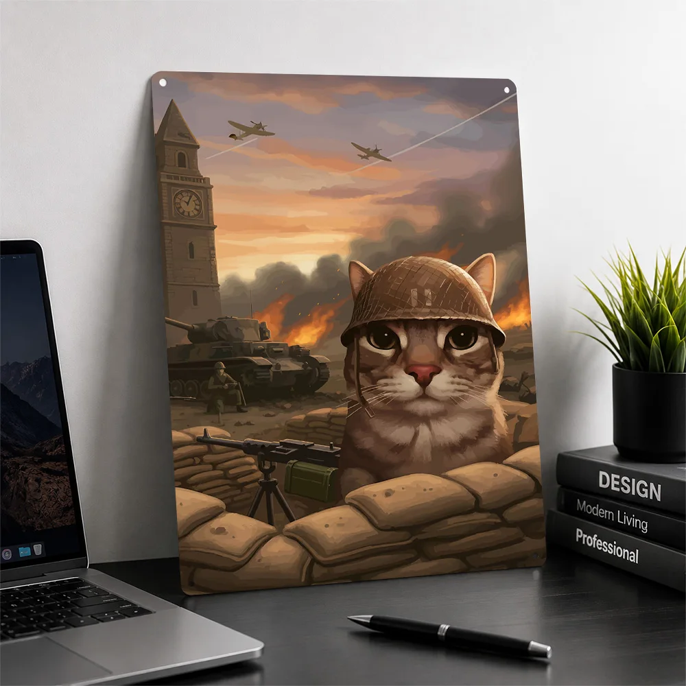 War Cat in Trench Metal Poster Perfect Gift for Fans Lovers Personalized Wall Art Metal Sign for Home Decor Living Room House